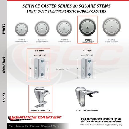 Service Caster 5 Inch Thermoplastic Rubber Swivel 3/4 Inch Square Stem Caster Brakes SCC, 2PK SCC-SQ20S514-TPRB-TLB-34-2-S-2